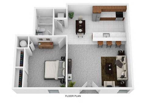 Floor plan for 1 bed, 1 bath, 734 sqft
